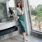 Set: Elbow-sleeve Knit Top + Buttoned Midi Straight-fit Skirt