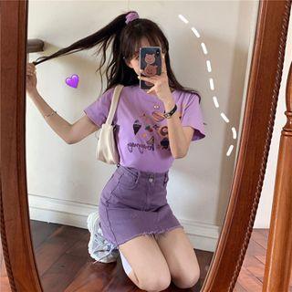 Printed Elbow-sleeve T-shirt / Fray Hem Mini A-line Denim Skirt