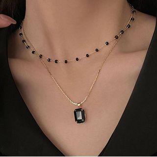 Rectangle Pendant Rhinestone Layered Choker Necklace 1 Pc - Black - One Size
