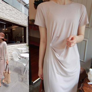 Slit-hem Shirred-front T-shirt Dress