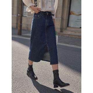 High Waist Slit Midi Denim Skirt