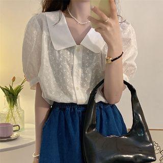 Short-sleeve Floral Blouse / Wide Leg Denim Shorts
