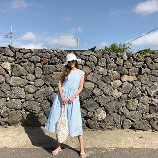 Cap-sleeve Gathered Long Stripe Dress