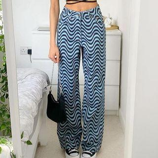 Wavy Print Straight Leg Jeans