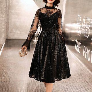 Long-sleeve Lace Top / Spaghetti Strap Sequined Prom Dress / Set