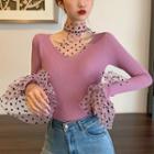 Dotted Mesh Panel Ribbed Knit Top