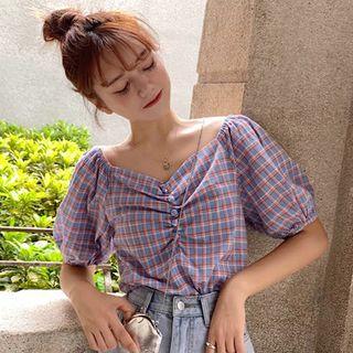 Plaid Cold Shoulder Short-sleeve Top