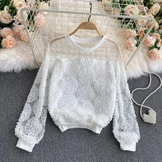 Round-neck Mesh Panel Flower-accent Top