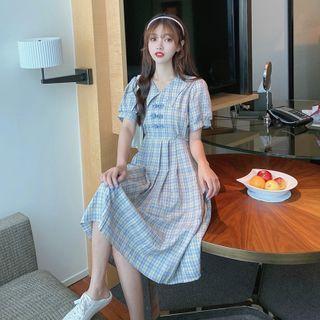 Frog-button Plaid Short-sleeve Midi A-line Dress