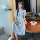 Frog-button Plaid Short-sleeve Midi A-line Dress