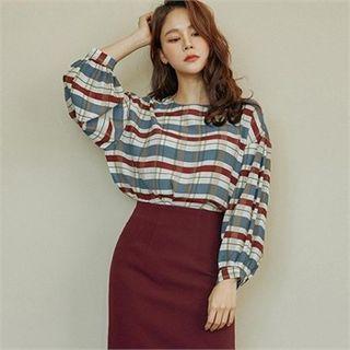 Drop-shoulder Plaid Top Blue - One Size