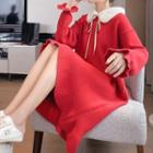 Fluffy Collar Knit Midi A-line Dress