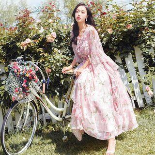 Flower Print Ruffle Flared-sleeve Midi A-line Dress