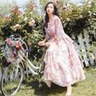 Flower Print Ruffle Flared-sleeve Midi A-line Dress