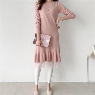 Mesh-layered Frilled Knit Dress