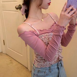 Ruffled Off-shoulder Long-sleeve Shirt/ Floral Camisole Top