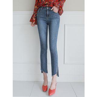 Asymmetric Slit-hem Washed Straight-cut Jeans