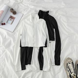 Color Block Stand Collar Cropped Zip Top