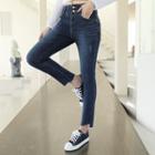 Buttoned Band-waist Cutout Slim-fit Jeans