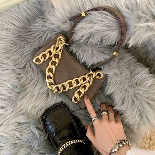 Faux Leather Shoulder Bag Dark Brown - One Size
