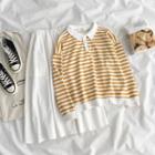 Long-sleeve Striped Polo Shirt / High-waist Plain Skirt