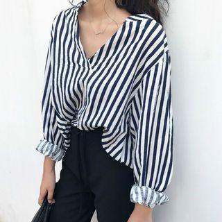 Striped Loose-fit Puff-sleeve Blouse