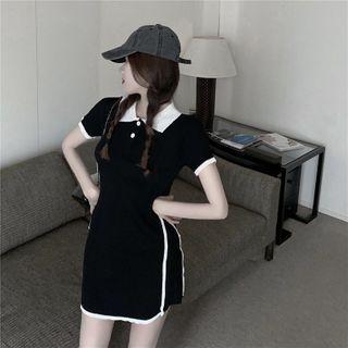 Contrast Trim Short-sleeve Mini Sheath Knit Polo Dress Black - One Size