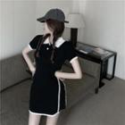 Contrast Trim Short-sleeve Mini Sheath Knit Polo Dress Black - One Size