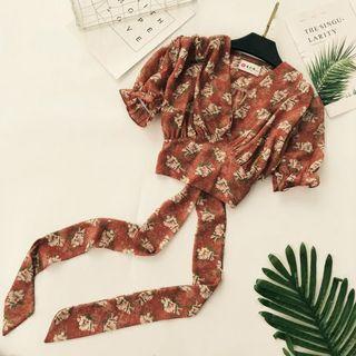 Short-sleeve Floral Print Strapped Top