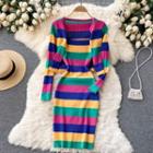 Set Of 2 : Color Panel Striped Cardigan + Spaghetti-strap Dress