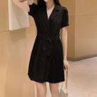 Short-sleeve Buttoned Pleated A-line Mini Dress