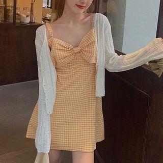 Spaghetti Strap Bow-front Check Mini A-line Dress / Light Jacket