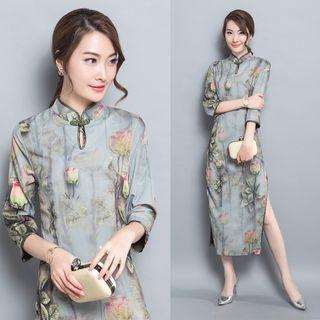 Floral Print Elbow-sleeve Stand-collar Dress