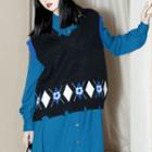 Jacquard Knit Vest Blue Black - One Size