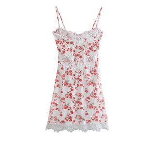 Spaghetti Strap Floral Print Lace Trim Mini A-line Dress