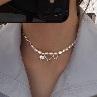 Faux Pearl & Chain Choker Xl1289 - Silver & White - One Size