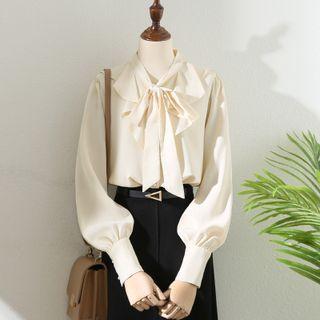Lantern-sleeve Plain Ruffle Bow Chiffon Shirt