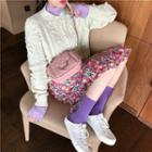 Mock-neck T-shirt / Pompom-accent Knit Cardigan / Floral A-line Skirt