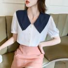 Puff-sleeve Contrast Collared Blouse