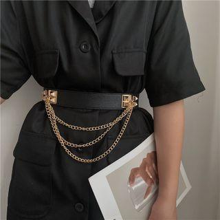 Layered Alloy Chain Elastic Faux Leather Belt Black - One Size