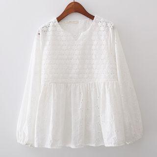 Perforated Embroidered Long Sleeve Top