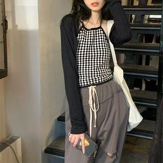 Halter-neck Plaid Camisole Top / Long-sleeve Cropped Cardigan / High-waist Drawstring Ripped Pants