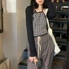 Halter-neck Plaid Camisole Top / Long-sleeve Cropped Cardigan / High-waist Drawstring Ripped Pants
