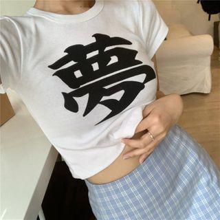 Short-sleeve Chinese Character T-shirt / Plaid Fitted Mini Skirt