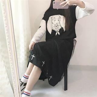 Set: Long-sleeve Printed T-shirt + Sheer Panel Skirt