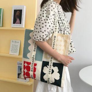 Floral Print Tote Bag Black & Red & Beige - One Size
