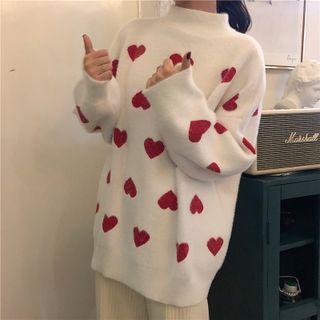 Long-sleeve Heart Printed Knit Sweater Heart - One Size