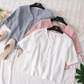 Drawstring-sleeved V-neck Blouse