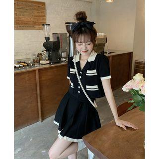 Set: Short-sleeve Knit Crop Top + Mini A-line Skirt