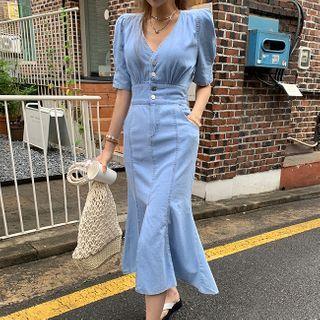 Puff-sleeve Ruffle-hem Denim Dress